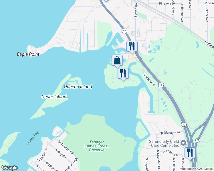 map of restaurants, bars, coffee shops, grocery stores, and more near 535 Circle Drive in Fox Lake
