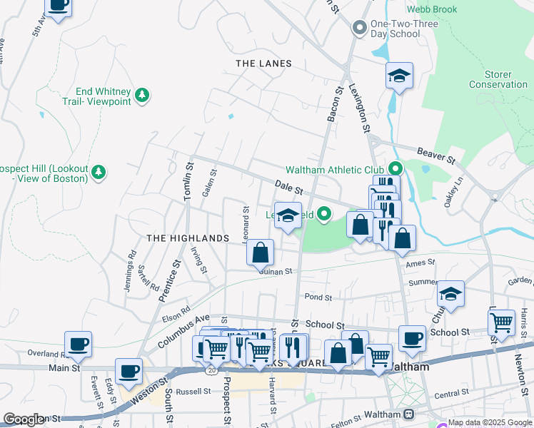 map of restaurants, bars, coffee shops, grocery stores, and more near 44 Caughey Street in Waltham