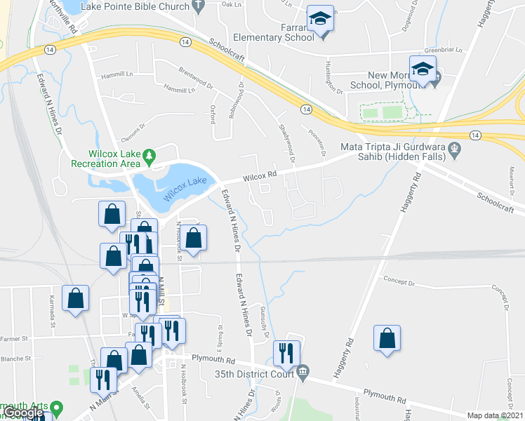 map of restaurants, bars, coffee shops, grocery stores, and more near 14121 Brougham Court in Plymouth