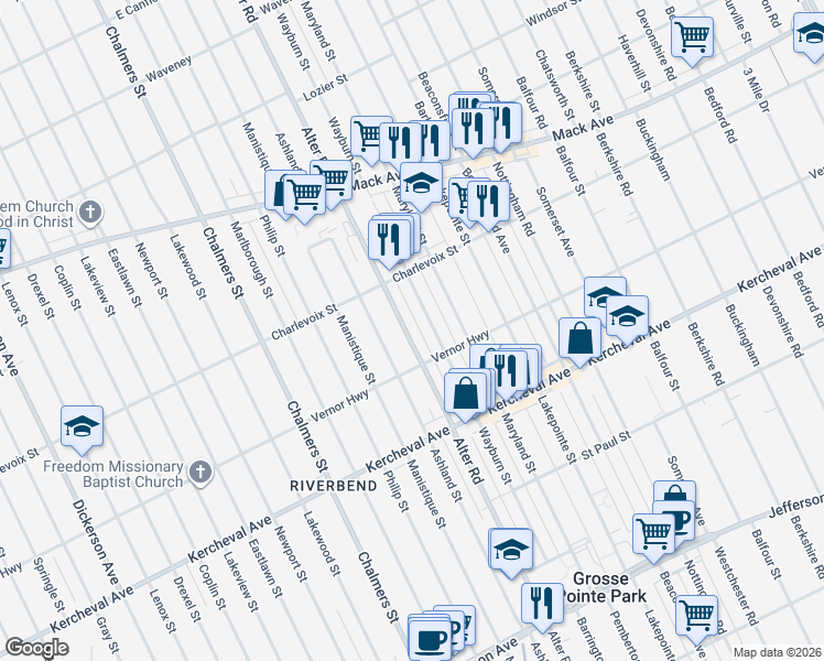 map of restaurants, bars, coffee shops, grocery stores, and more near 2500 Alter Road in Detroit