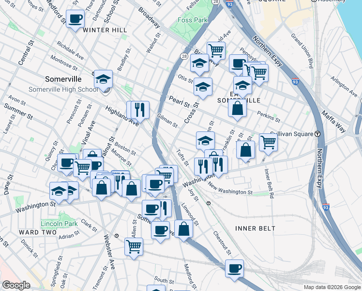 map of restaurants, bars, coffee shops, grocery stores, and more near 60 Tufts Street in Somerville