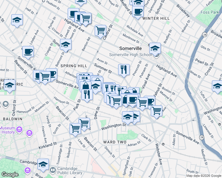 map of restaurants, bars, coffee shops, grocery stores, and more near 27 Osgood Street in Somerville