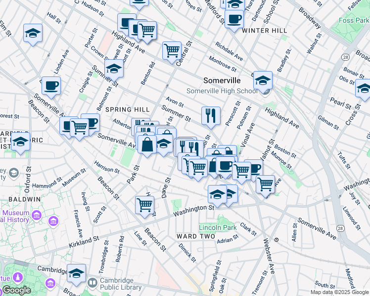 map of restaurants, bars, coffee shops, grocery stores, and more near 27 Osgood Street in Somerville