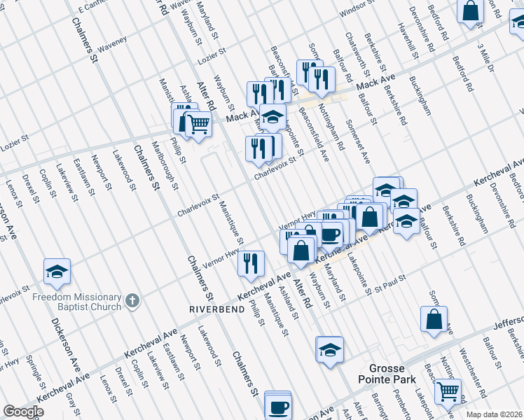 map of restaurants, bars, coffee shops, grocery stores, and more near Alter Road in Detroit