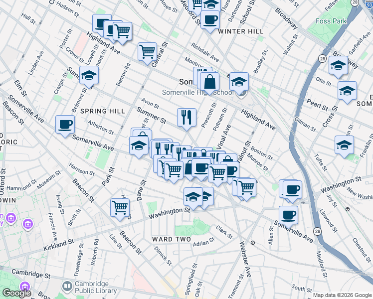 map of restaurants, bars, coffee shops, grocery stores, and more near 34 Quincy Street in Somerville