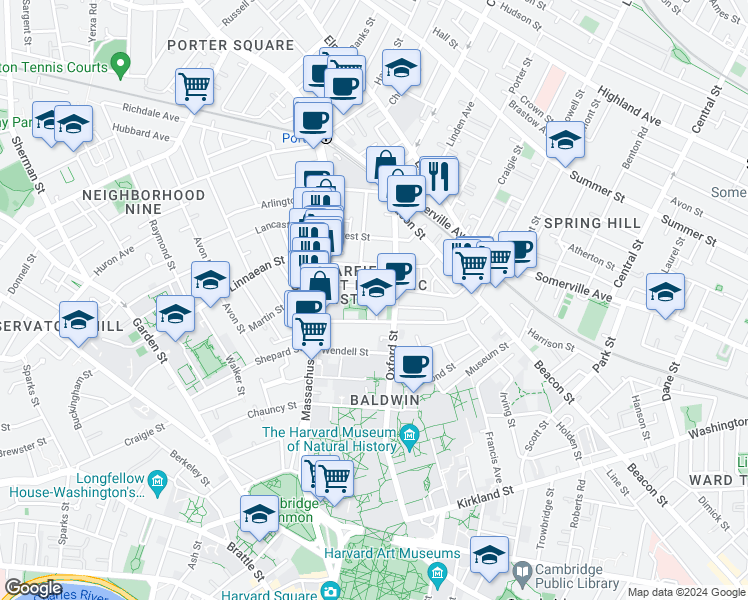 map of restaurants, bars, coffee shops, grocery stores, and more near 119 Oxford Street in Cambridge