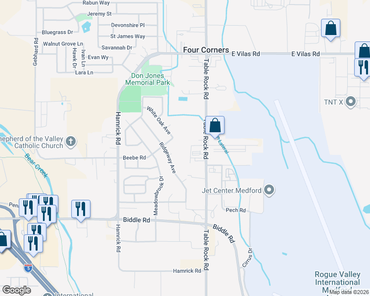 map of restaurants, bars, coffee shops, grocery stores, and more near 2882 Beebe Road in Central Point