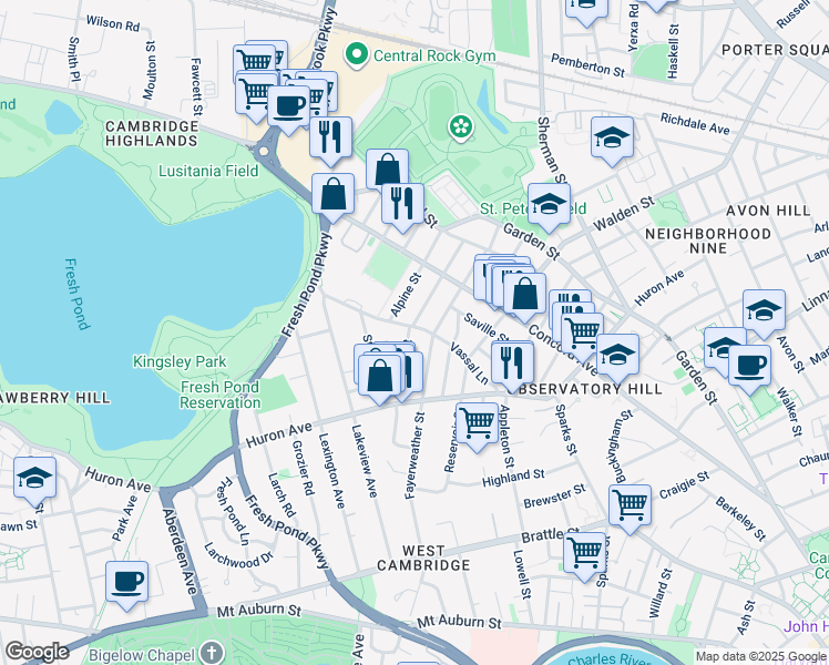 map of restaurants, bars, coffee shops, grocery stores, and more near 76 Chilton Street in Cambridge