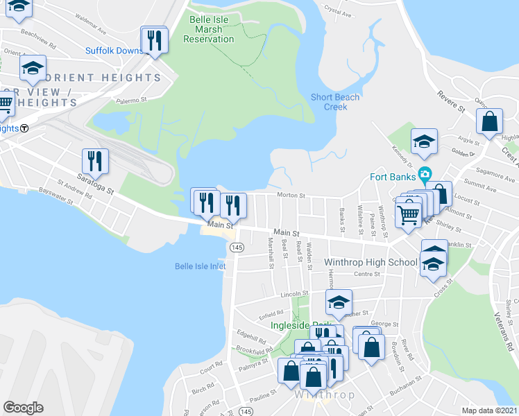map of restaurants, bars, coffee shops, grocery stores, and more near 53 Pleasant Park Road in Winthrop