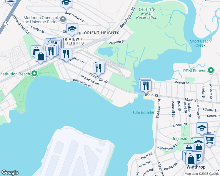 map of restaurants, bars, coffee shops, grocery stores, and more near 1144 Saratoga Street in Boston
