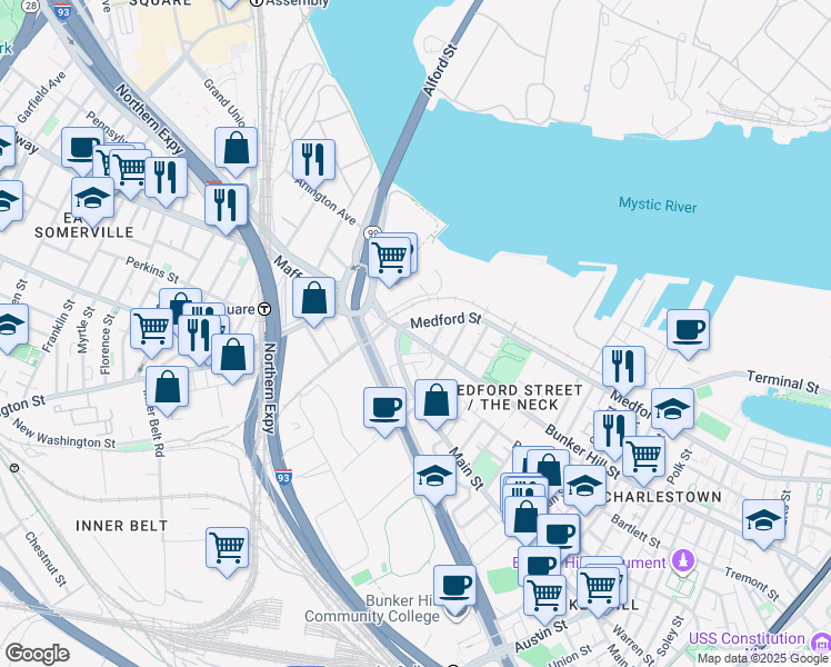 map of restaurants, bars, coffee shops, grocery stores, and more near 525 Main Street in Boston