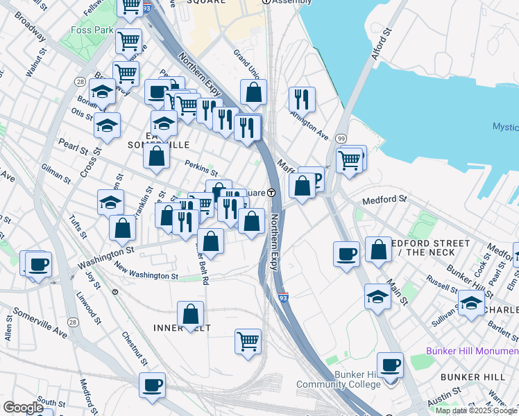 map of restaurants, bars, coffee shops, grocery stores, and more near 35a Brighton Street in Boston