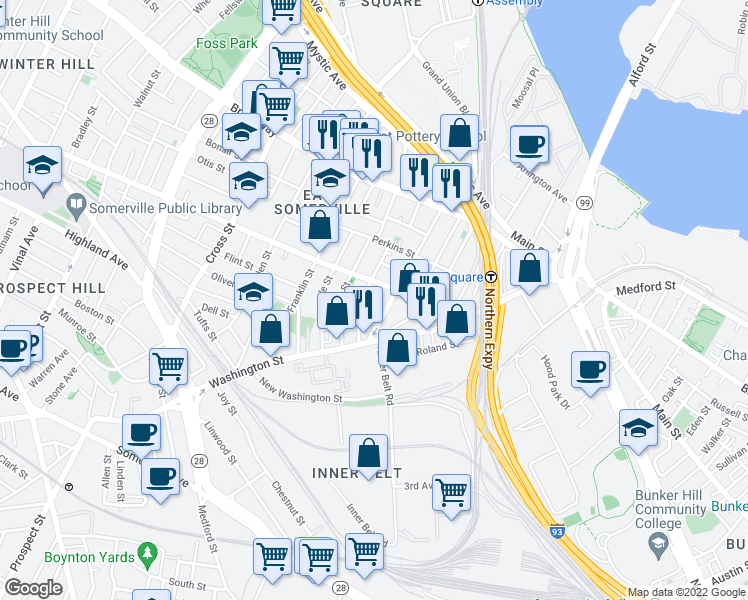 map of restaurants, bars, coffee shops, grocery stores, and more near in Somerville