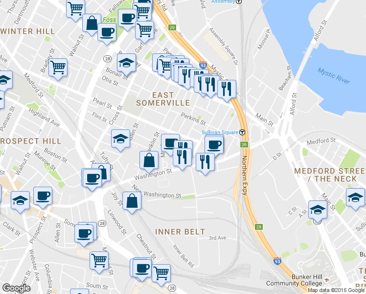 map of restaurants, bars, coffee shops, grocery stores, and more near in Somerville