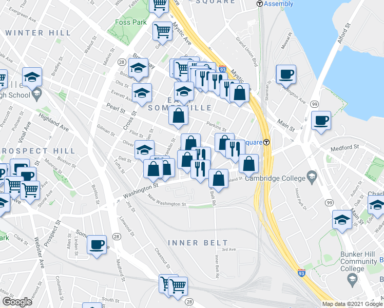 map of restaurants, bars, coffee shops, grocery stores, and more near 65 Myrtle Street in Somerville