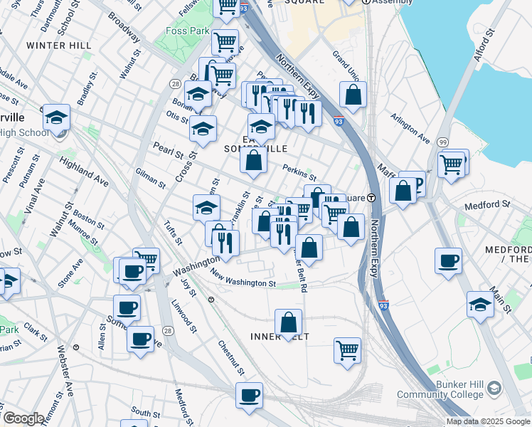 map of restaurants, bars, coffee shops, grocery stores, and more near 65 Myrtle Street in Somerville