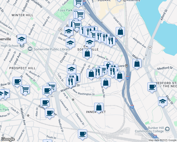 map of restaurants, bars, coffee shops, grocery stores, and more near 65 Myrtle Street in Somerville