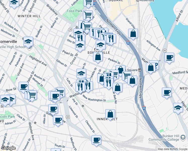 map of restaurants, bars, coffee shops, grocery stores, and more near 49 Franklin Street in Somerville