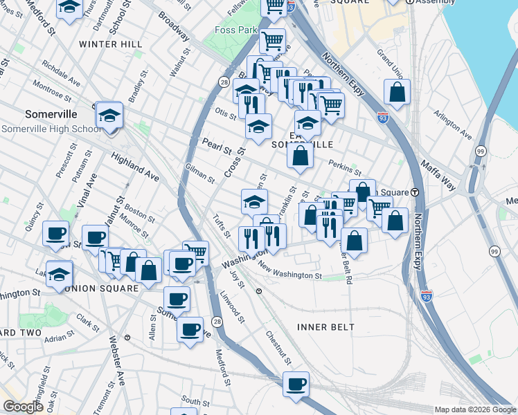 map of restaurants, bars, coffee shops, grocery stores, and more near 28 Flint Street in Somerville