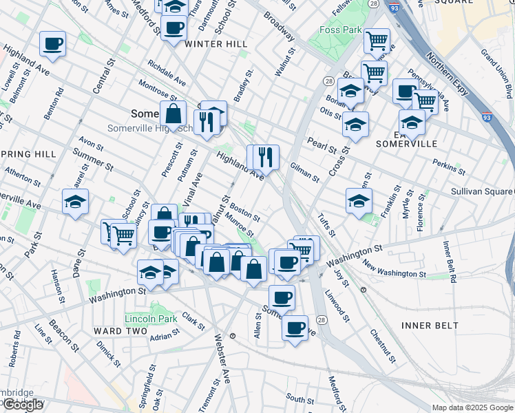 map of restaurants, bars, coffee shops, grocery stores, and more near 6 Hamlet Street in Somerville