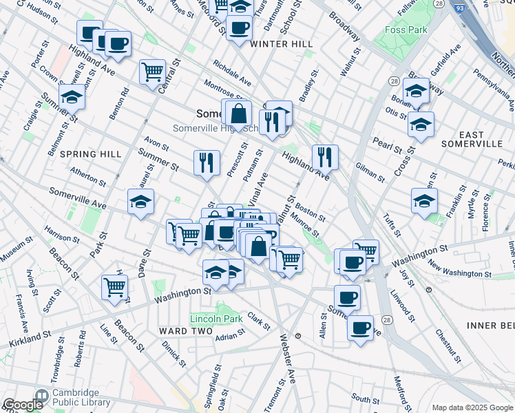 map of restaurants, bars, coffee shops, grocery stores, and more near 33 Vinal Avenue in Somerville