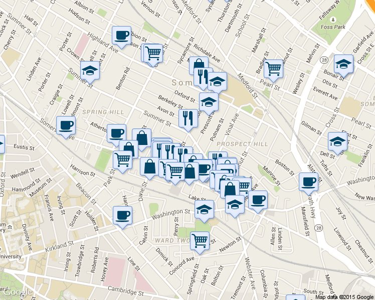 map of restaurants, bars, coffee shops, grocery stores, and more near 59 Summer Street in Somerville