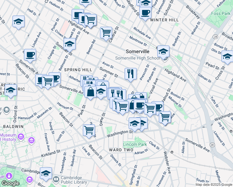 map of restaurants, bars, coffee shops, grocery stores, and more near 27 Osgood Street in Somerville