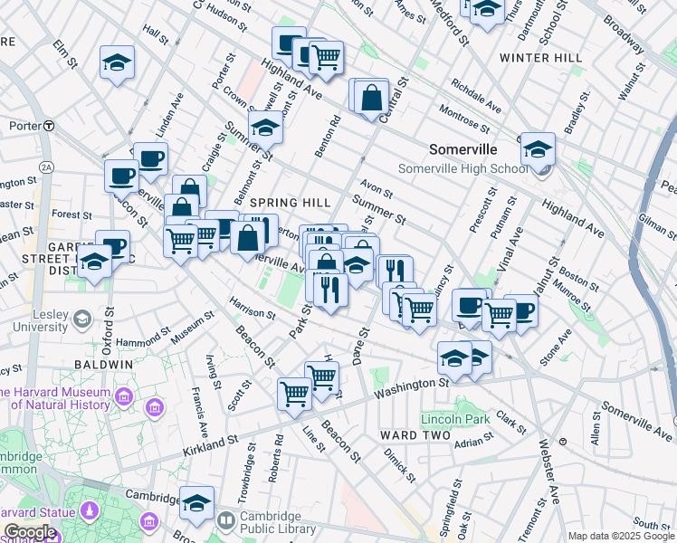 map of restaurants, bars, coffee shops, grocery stores, and more near 15 Central Street in Somerville