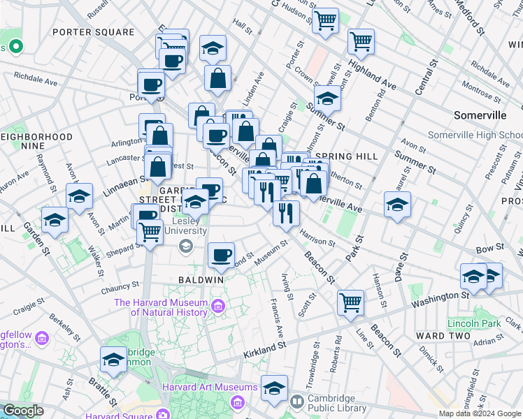 map of restaurants, bars, coffee shops, grocery stores, and more near in Somerville