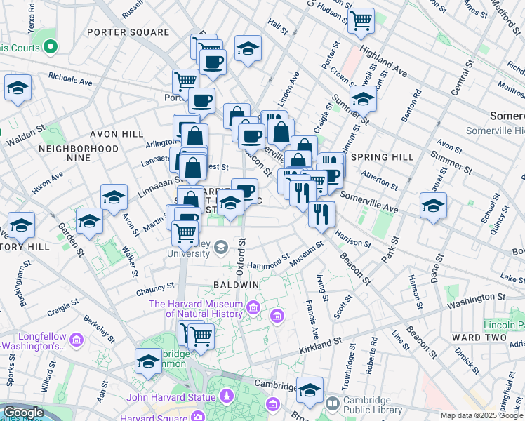 map of restaurants, bars, coffee shops, grocery stores, and more near 14 Traymore Street in Cambridge