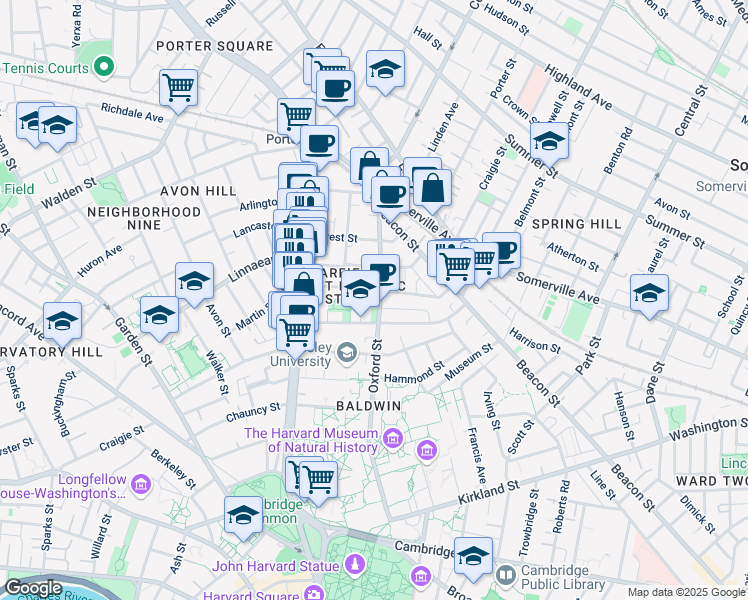 map of restaurants, bars, coffee shops, grocery stores, and more near 119 Oxford Street in Cambridge