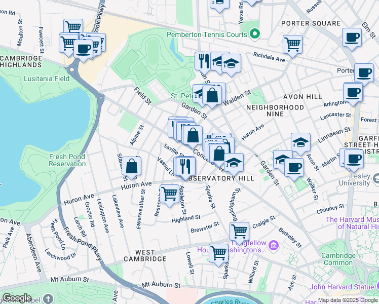 map of restaurants, bars, coffee shops, grocery stores, and more near 356 Walden Street in Cambridge