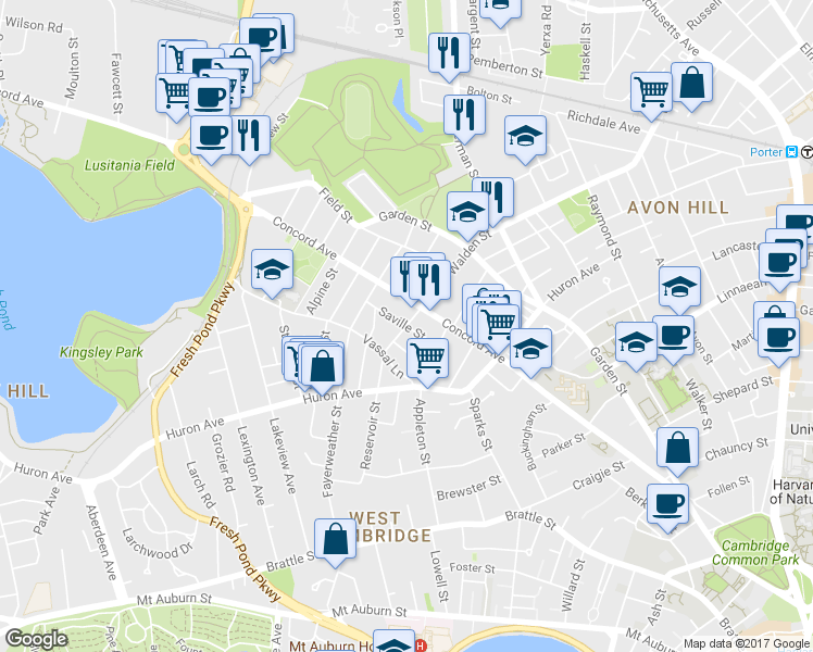 map of restaurants, bars, coffee shops, grocery stores, and more near Walden Street in Cambridge