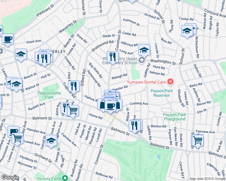 map of restaurants, bars, coffee shops, grocery stores, and more near 4 Warwick Road in Belmont
