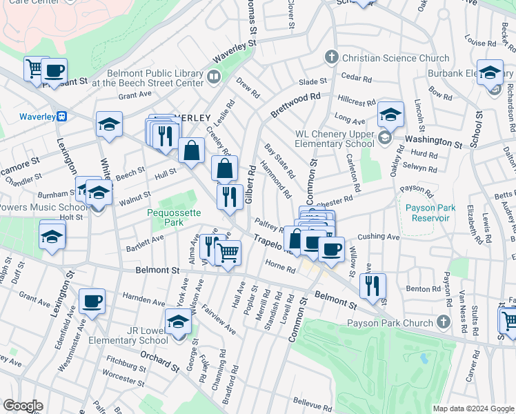 map of restaurants, bars, coffee shops, grocery stores, and more near 45 Winslow Road in Belmont