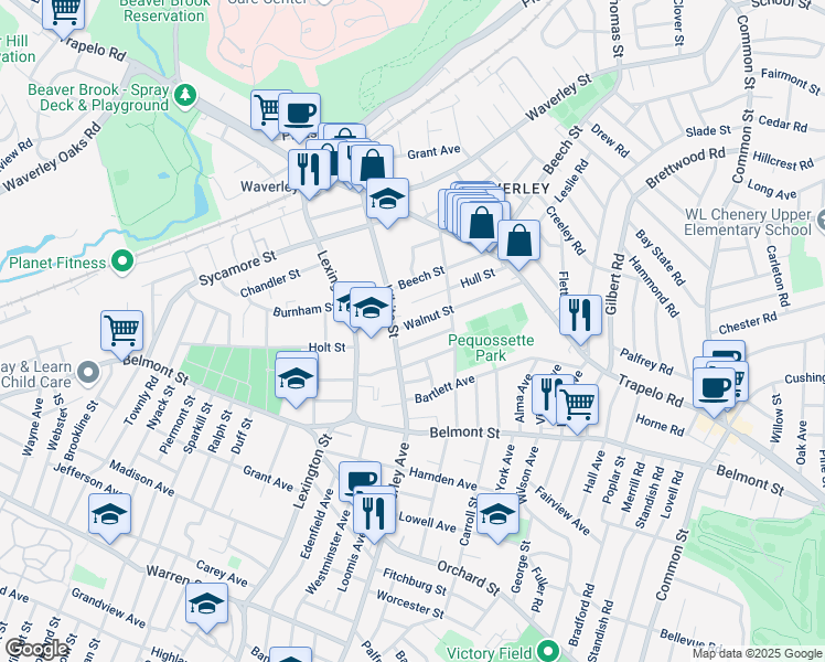 map of restaurants, bars, coffee shops, grocery stores, and more near 91R Walnut Street in Belmont