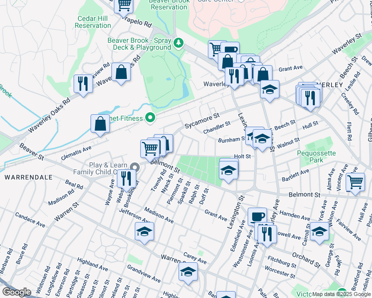map of restaurants, bars, coffee shops, grocery stores, and more near 20 Perry Street in Watertown