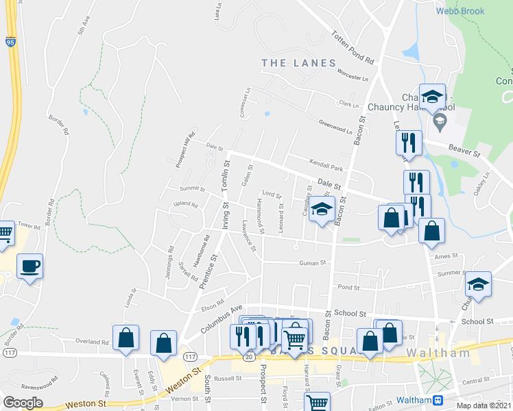 map of restaurants, bars, coffee shops, grocery stores, and more near 218 Hammond Street in Waltham