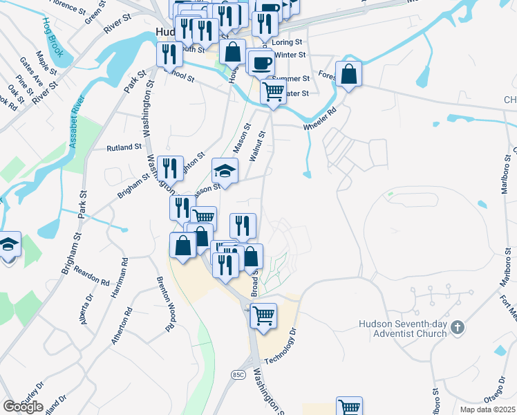map of restaurants, bars, coffee shops, grocery stores, and more near 119 Broad Street in Hudson