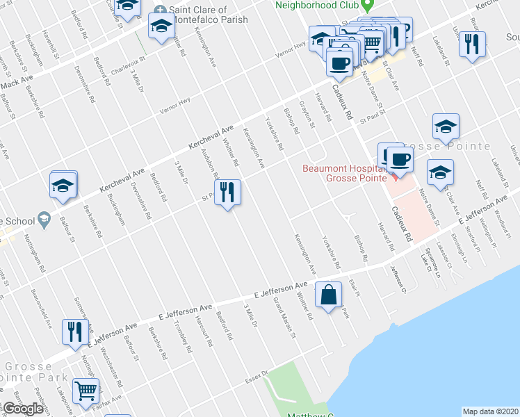 map of restaurants, bars, coffee shops, grocery stores, and more near 1048 Whittier Road in Grosse Pointe Park