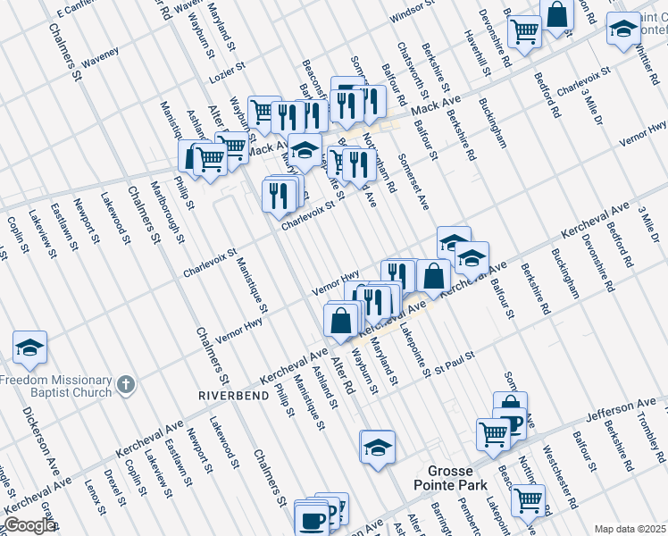 map of restaurants, bars, coffee shops, grocery stores, and more near 1324 Maryland Street in Grosse Pointe Park