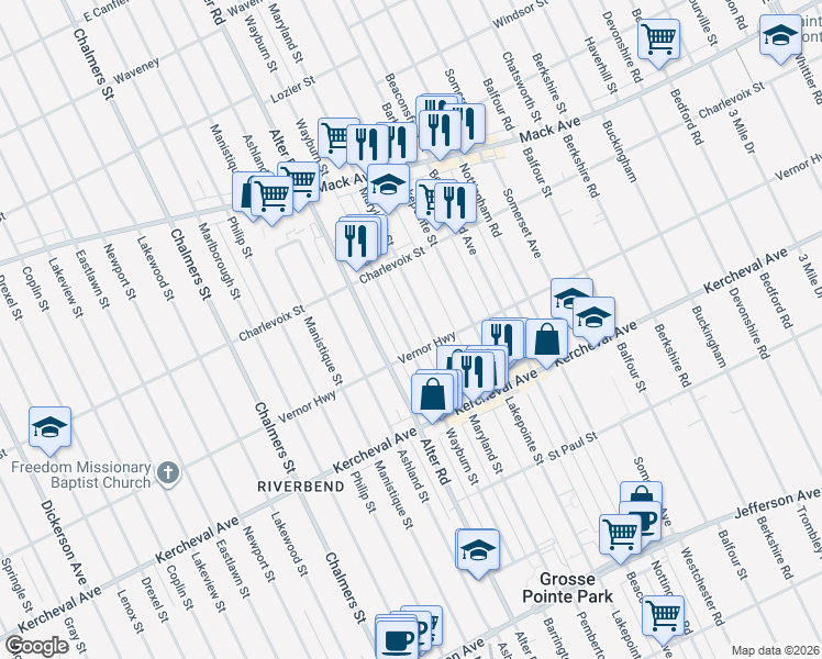 map of restaurants, bars, coffee shops, grocery stores, and more near 1352 Wayburn Street in Grosse Pointe