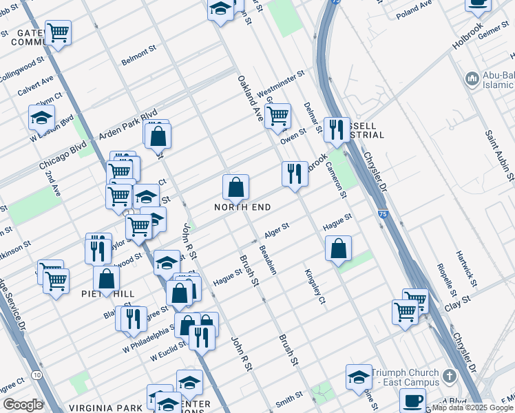 map of restaurants, bars, coffee shops, grocery stores, and more near 530 Josephine Street in Detroit