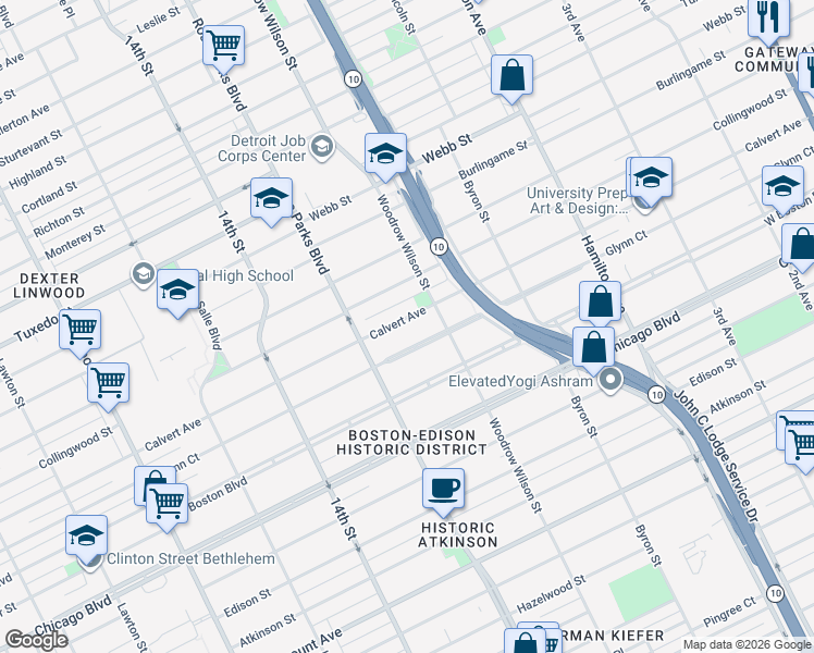 map of restaurants, bars, coffee shops, grocery stores, and more near 1624 Calvert Avenue in Detroit