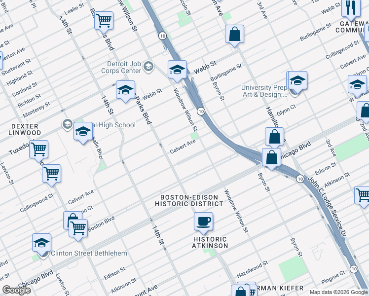 map of restaurants, bars, coffee shops, grocery stores, and more near 1689 Collingwood Street in Detroit