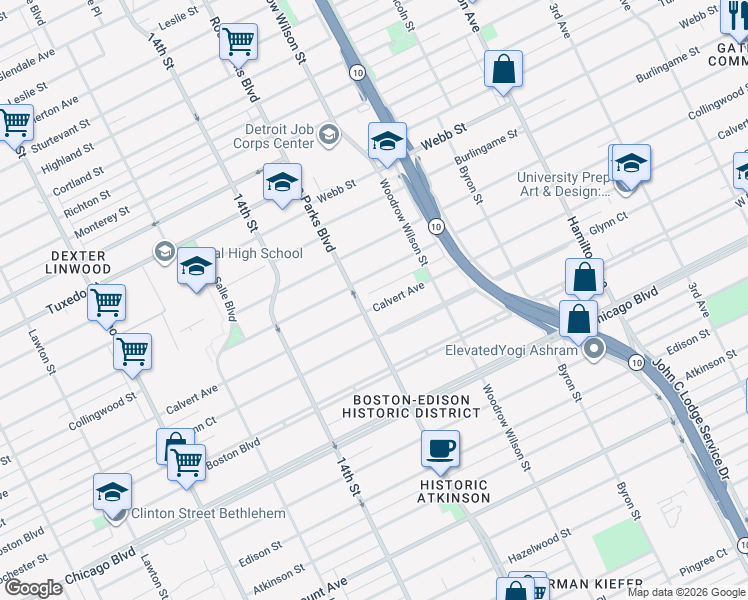 map of restaurants, bars, coffee shops, grocery stores, and more near 1689 Collingwood Street in Detroit