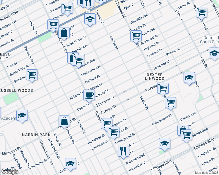 map of restaurants, bars, coffee shops, grocery stores, and more near 3045 Richton Street in Detroit