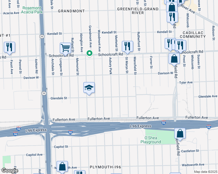 map of restaurants, bars, coffee shops, grocery stores, and more near 12923 Asbury Park in Detroit