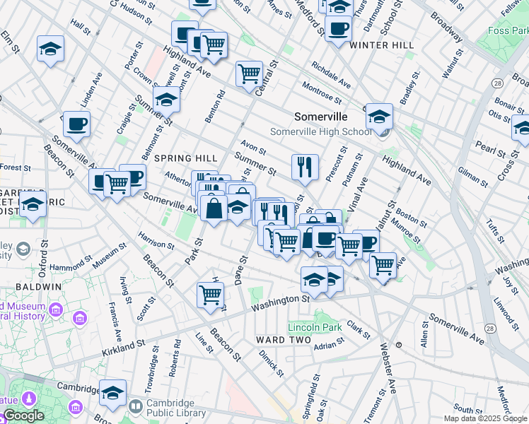 map of restaurants, bars, coffee shops, grocery stores, and more near 27 Osgood Street in Somerville