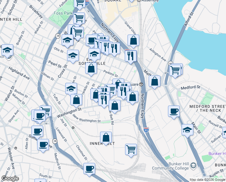 map of restaurants, bars, coffee shops, grocery stores, and more near 70 Mount Vernon Street in Somerville